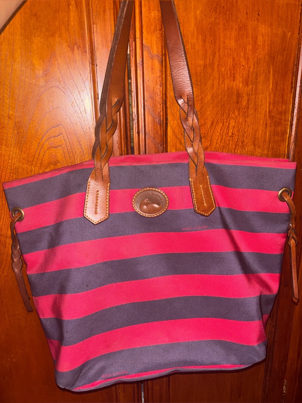 Prwnd Dooney & Bourke Navy n Red Striped Tote with Braided Leather handles asis